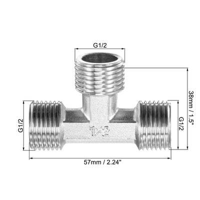 Harfington Uxcell Pipe Fitting Tee G1/2 Male Thread 3 Way T Shape Hose Connector Adapter, Nickel-Plated Copper