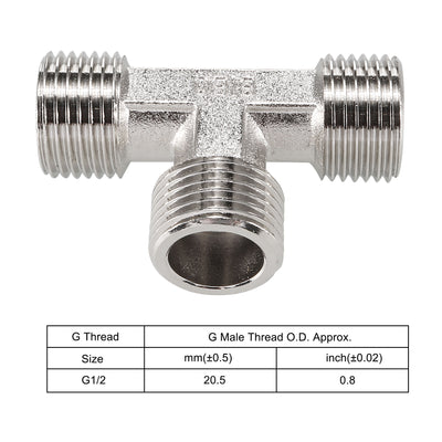 Harfington Uxcell Pipe Fitting Tee G1/2 Male Thread 3 Way T Shape Hose Connector Adapter, Nickel-Plated Copper 2pcs