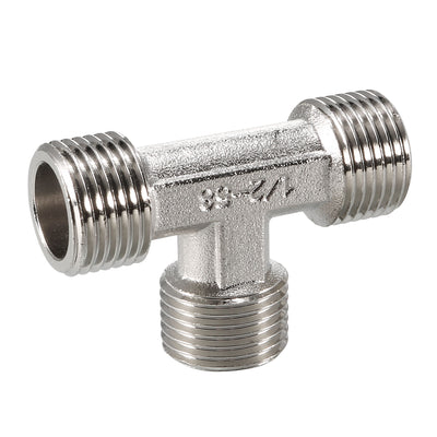 Harfington Uxcell Pipe Fitting Tee G1/2 Male Thread 3 Way T Shape Hose Connector Adapter, Nickel-Plated Copper 2pcs