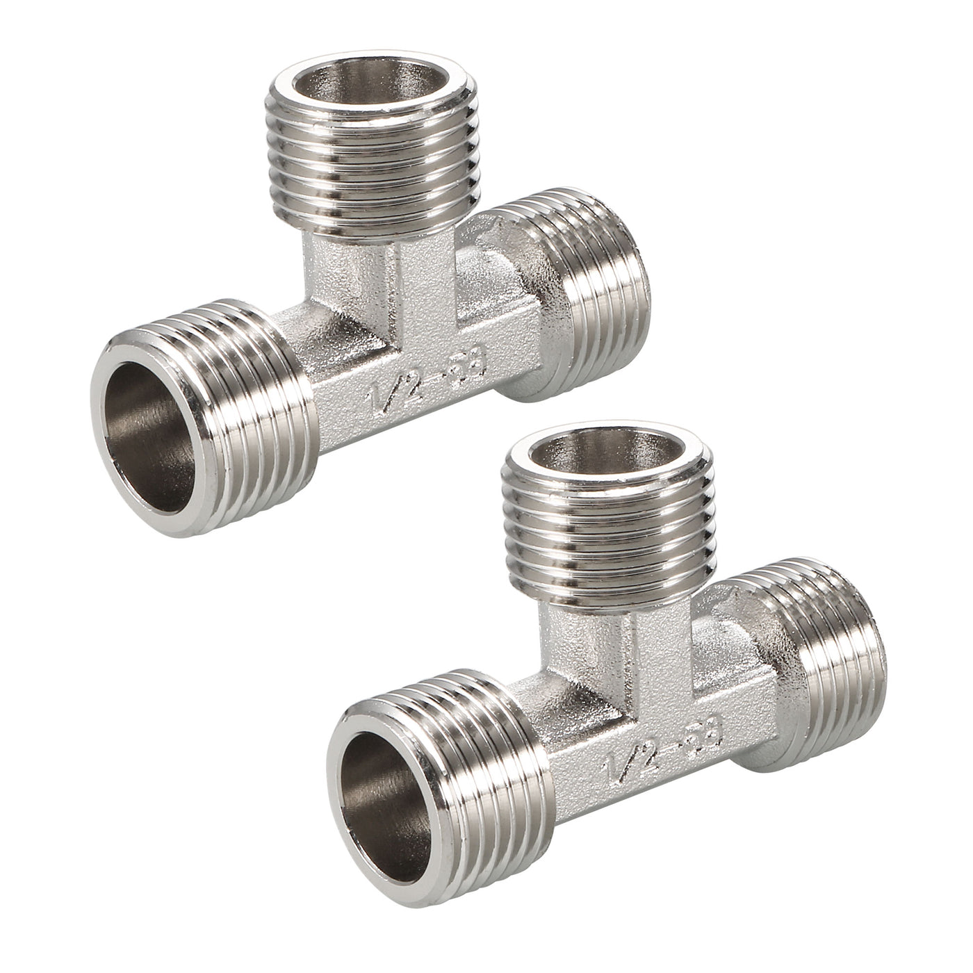 uxcell Uxcell Pipe Fitting Tee G1/2 Male Thread 3 Way T Shape Hose Connector Adapter, Nickel-Plated Copper 2pcs