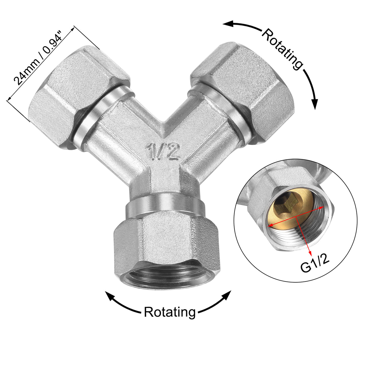 uxcell Uxcell Pipe Fitting G1/2 Female Thread Y Shape 3 Way Wye Hose Connector Adapter, Nickel-Plated Copper