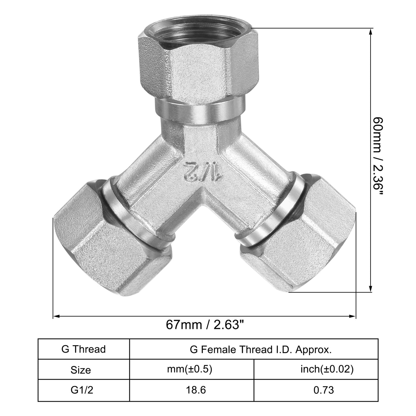 uxcell Uxcell Pipe Fitting G1/2 Female Thread Y Shape 3 Way Wye Hose Connector Adapter, Nickel-Plated Copper