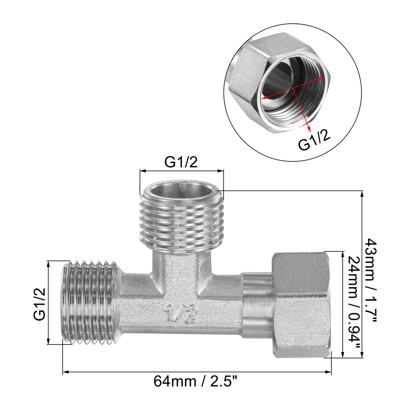 uxcell Uxcell Pipe Fitting Tee G1/2 1 Female to 2 Male Thread 3 Way T Shape Swivel Nut Hose Connector Adapter, Nickel-Plated Copper