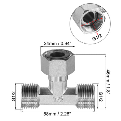 Harfington Uxcell Rohrverschraubungs T Stück G1 / 2 2 Außengewinde an 1 Innengewinde 3 Wege T-Form Schwenkmutter, vernickeltes Kupfer
