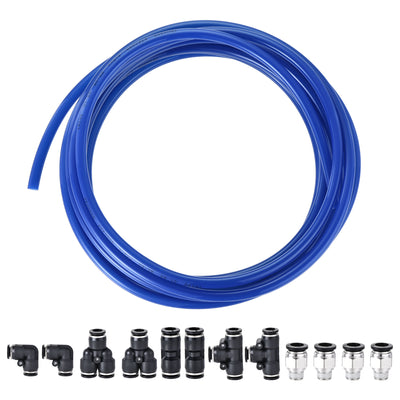 Harfington Uxcell Pneumatic 8mm OD PU Air Hose Tubing Kit 5M Blue with Push to Connect Fittings