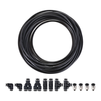 Harfington Uxcell Pneumatic 4mm OD PU Air Hose Pipe Tube Kit 10M Black with Push to Connect Fittings