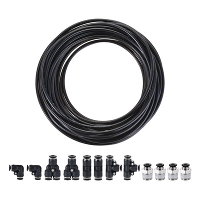 Harfington Uxcell Pneumatic 4mm OD PU Air Hose Tubing Kit 10 Meters Black with 12 Pcs Push to Connect Fittings