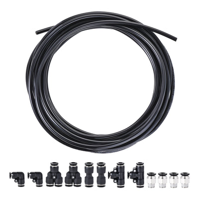 Harfington Uxcell Pneumatic 6mm OD PU Air Hose Tubing Kit 10 Meters Black with Push to Connect Fittings