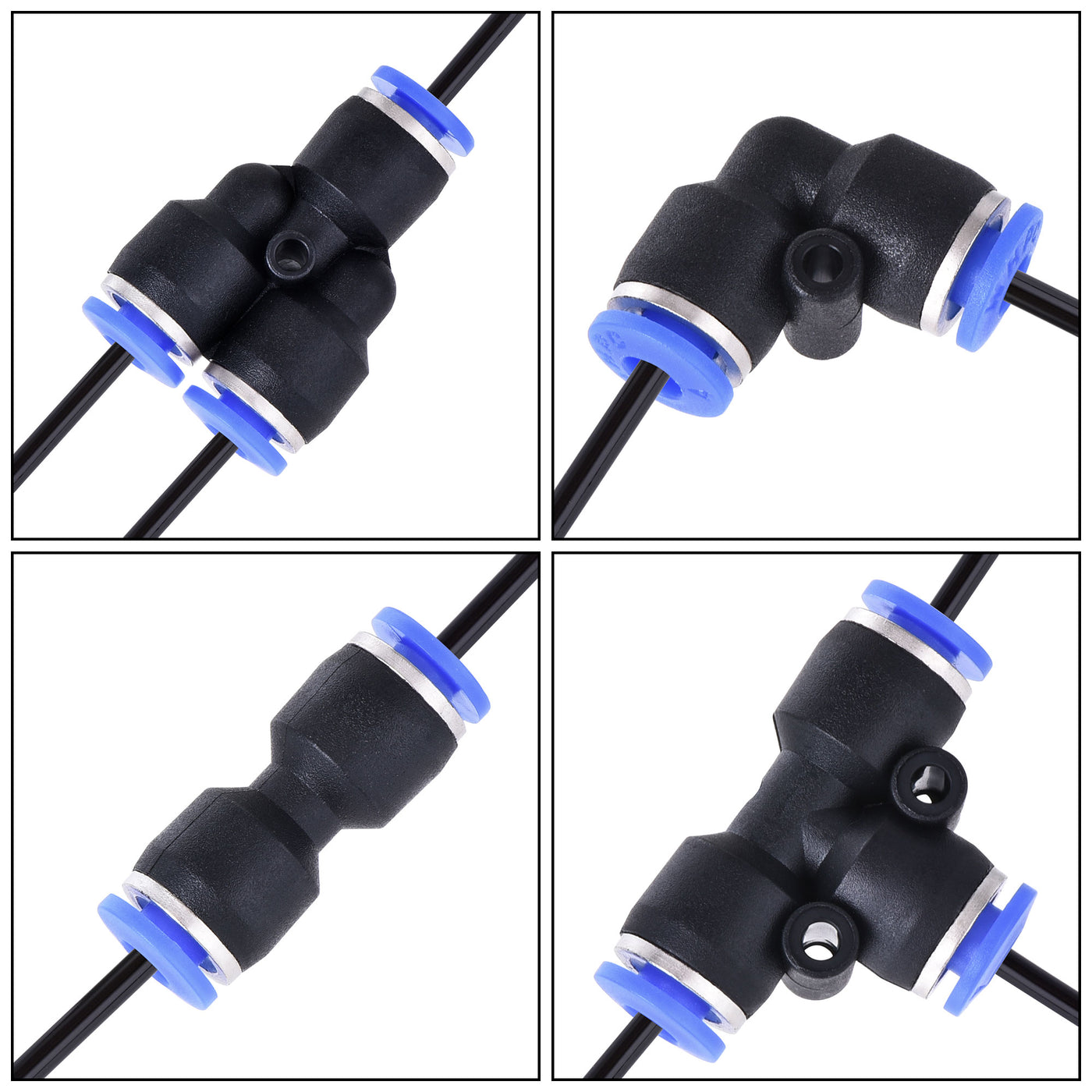 uxcell Uxcell Pneumatic PU Tubing Kit 4mm OD 10M Black with 12 Pcs Push to Connect Fittings