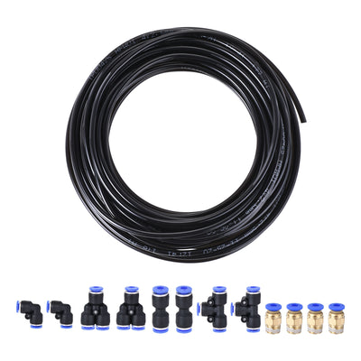 Harfington Uxcell Pneumatic PU Tubing Kit 4mm OD 10M Black with 12 Pcs Push to Connect Fittings