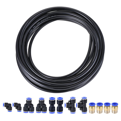 Harfington Uxcell Pneumatic PU Tubing Kit 8mm OD 10M Black with 12 Pcs Push to Connect Fittings