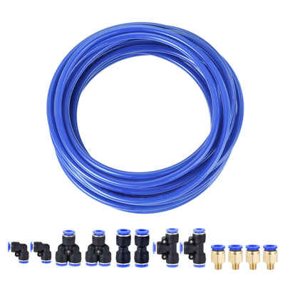 Harfington Uxcell Pneumatic PU Tubing Kit 8mm OD 10M Blue with 12 Pcs Push to Connect Fittings