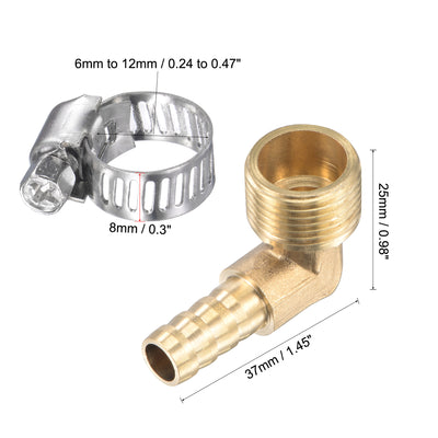 Harfington Uxcell Brass Hose Barb Fitting Elbow 8mm x G1/2 Male Thread Right Angle Pipe Connector with Stainless Steel Hose Clamp, Pack of 2