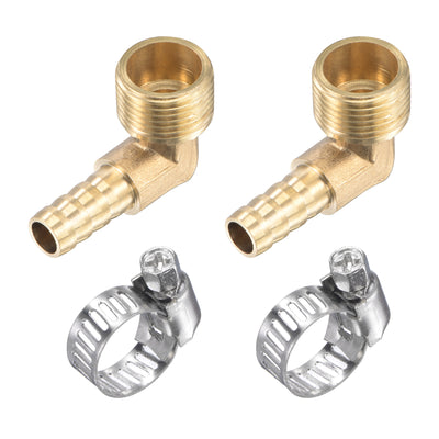 Harfington Uxcell Brass Hose Barb Fitting Elbow 8mm x G1/2 Male Thread Right Angle Pipe Connector with Stainless Steel Hose Clamp, Pack of 2