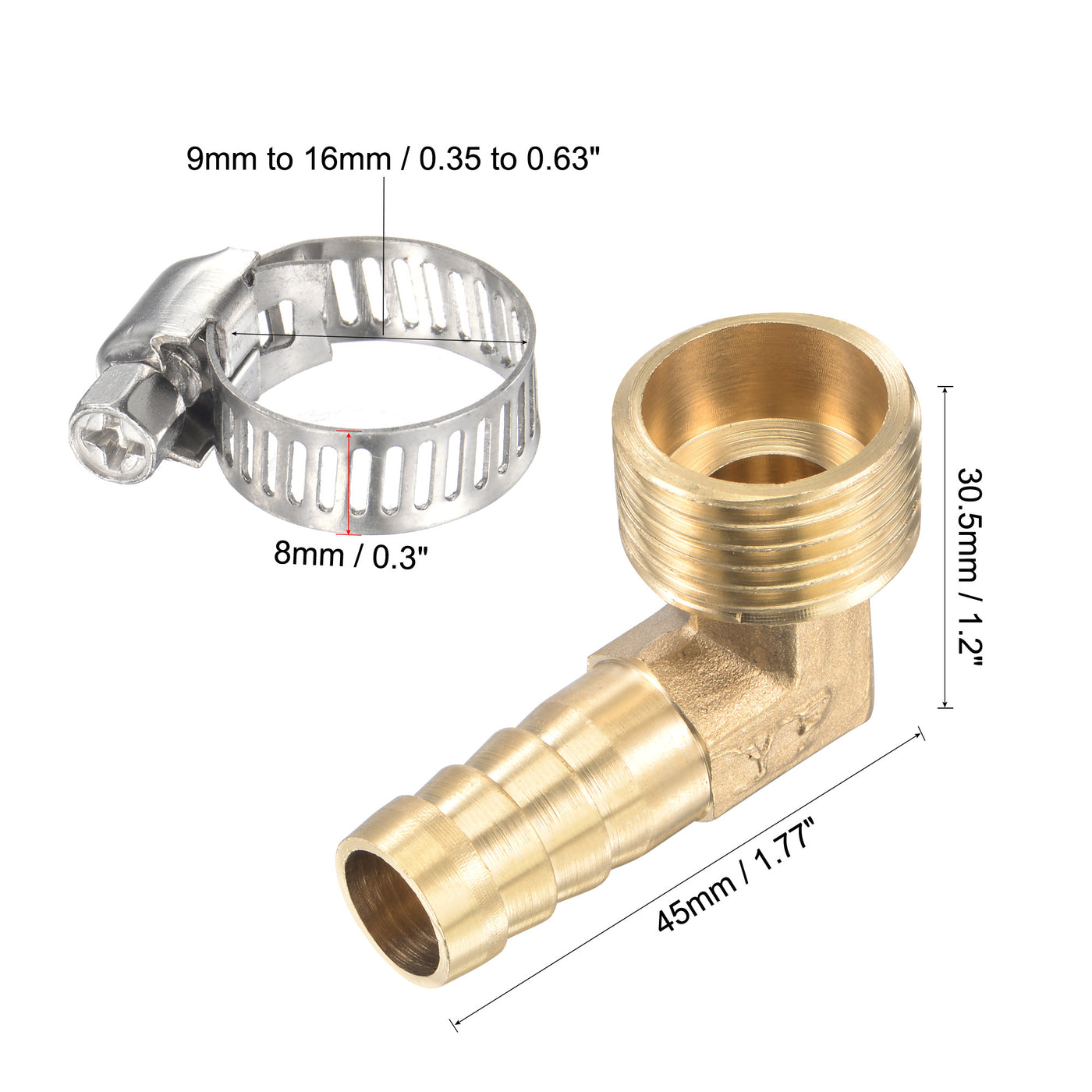 Uxcell Uxcell Brass Hose Barb Fitting Elbow 12mm x G1/2 Male Thread Right Angle Pipe Connector with Stainless Steel Hose Clamp, Pack of 2