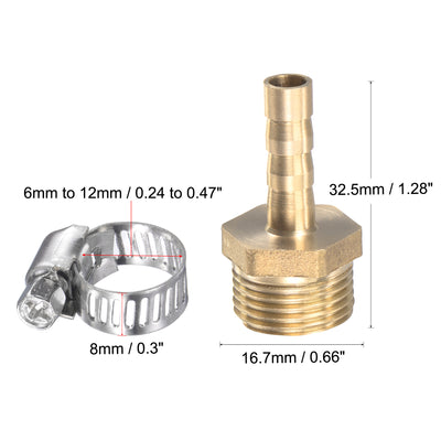 Harfington Uxcell Brass Hose Barb Fitting Straight Male Thread Pipe Connector with Stainless Steel Hose Clamp