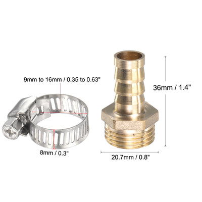 Harfington Uxcell Brass Hose Barb Fitting Straight 6mm x G1/2 Male Thread Pipe Connector with Stainless Steel Hose Clamp, Pack of 2