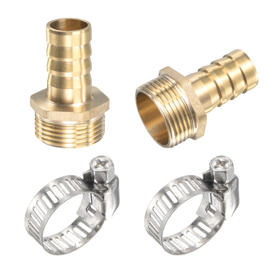 Harfington Uxcell Brass Hose Barb Fitting Straight 16mm x G3/4 Male Thread Pipe Connector with Stainless Steel Hose Clamp, Pack of 2