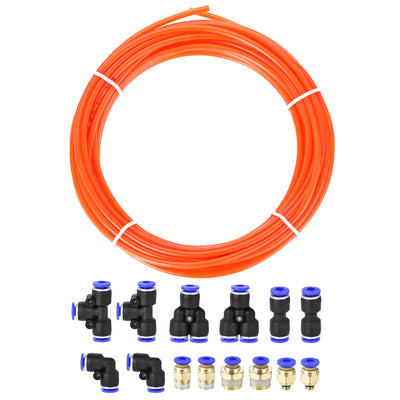 Harfington Uxcell Pneumatic 4mm OD Polyurethane PU Air Hose Tubing Kit 10 Meters Clear with 14 Pcs Push to Connect Fittings