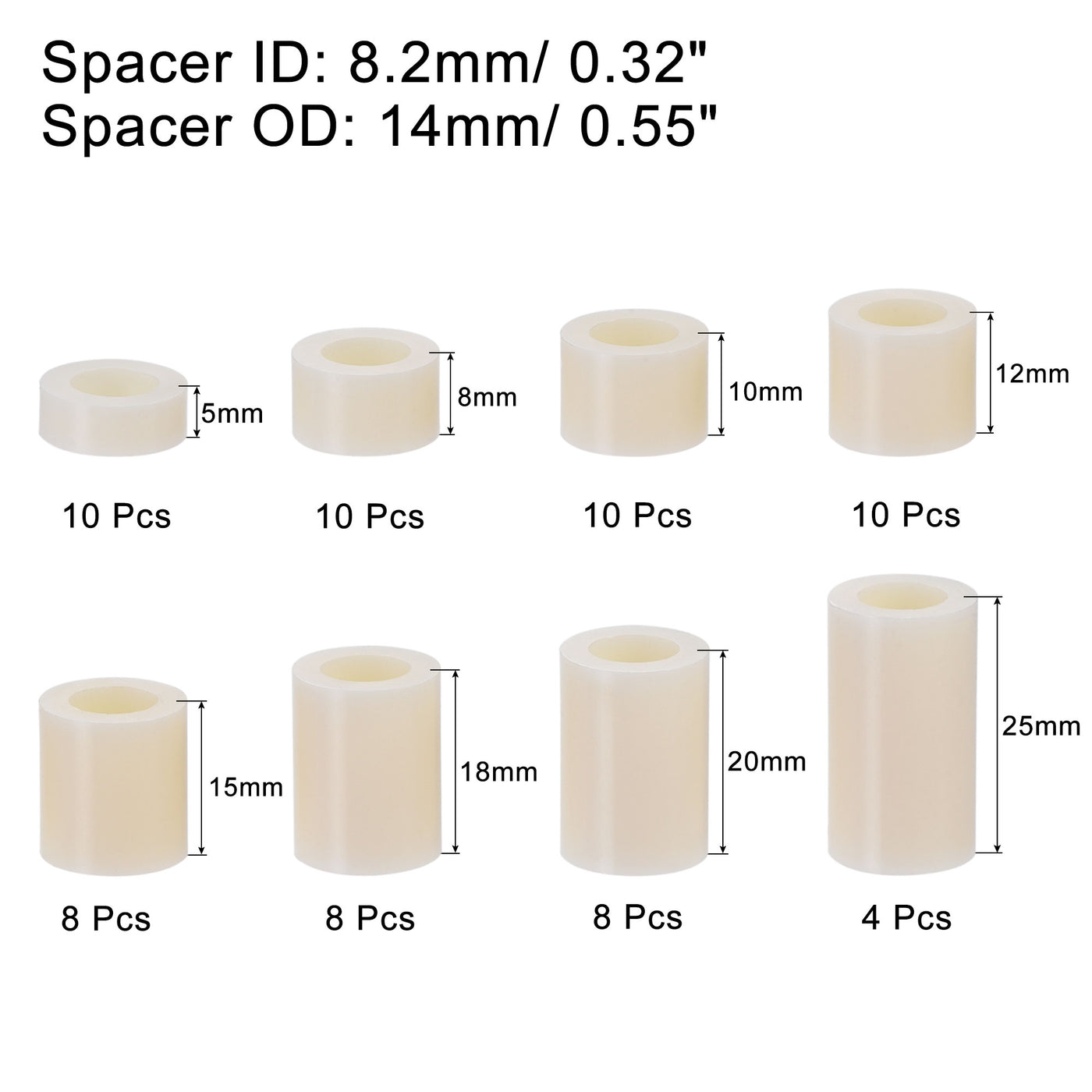 uxcell Uxcell 68Stk ABS Runde Abstandhalter Unterlegscheiben Sortiment Kit ID 8,2mm OD 14mm für M8 Schrauben 8 Größen Kunststoffabstandhalter(5mm 8mm 10mm 12mm 15mm 18mm 20mm 25mm)