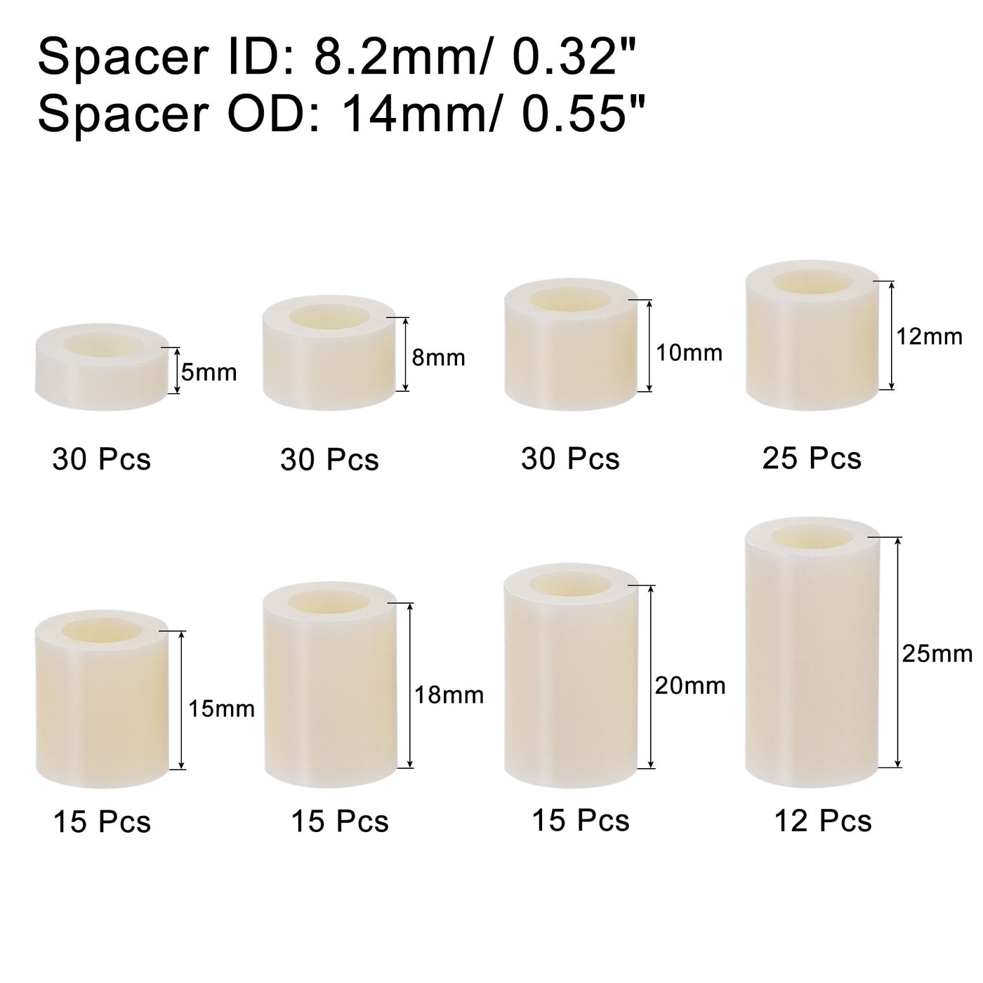 uxcell Uxcell 172Stk ABS Runde Abstandhalter Unterlegscheiben Sortiment Kit ID 8,2mm OD 14mm für M8 Schrauben 8 Größen Kunststoffabstandhalter(5mm 8mm 10mm 12mm 15mm 18mm 20mm 25mm)