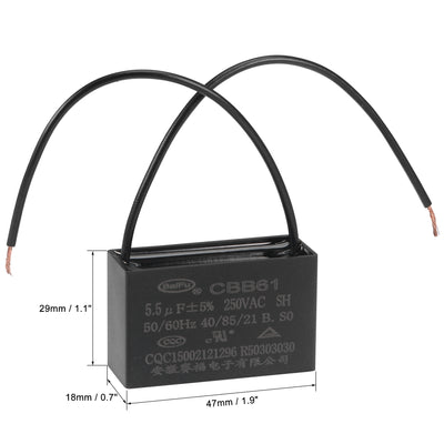 Harfington Uxcell Ceiling Fan Capacitor CBB61 5.5uF 250V AC 2 Wires Metallized Polypropylene Film Capacitor 47x29x18mm for Electric Fan Pump Motor Generator