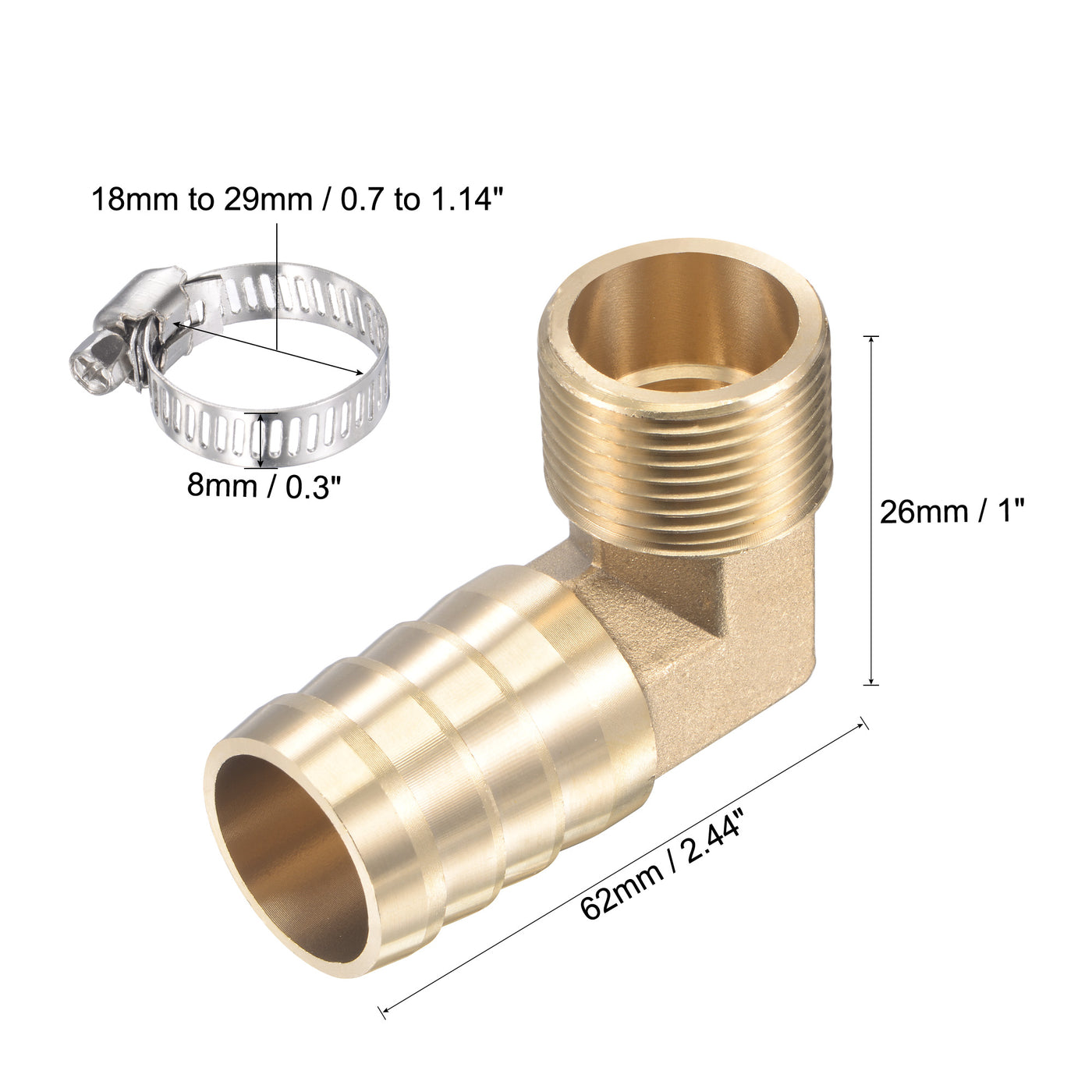 uxcell Uxcell Brass Hose Barb Fitting Elbow 25mm x G3/4 Male Thread Right Angle Pipe Connector with Stainless Steel Hose Clamp