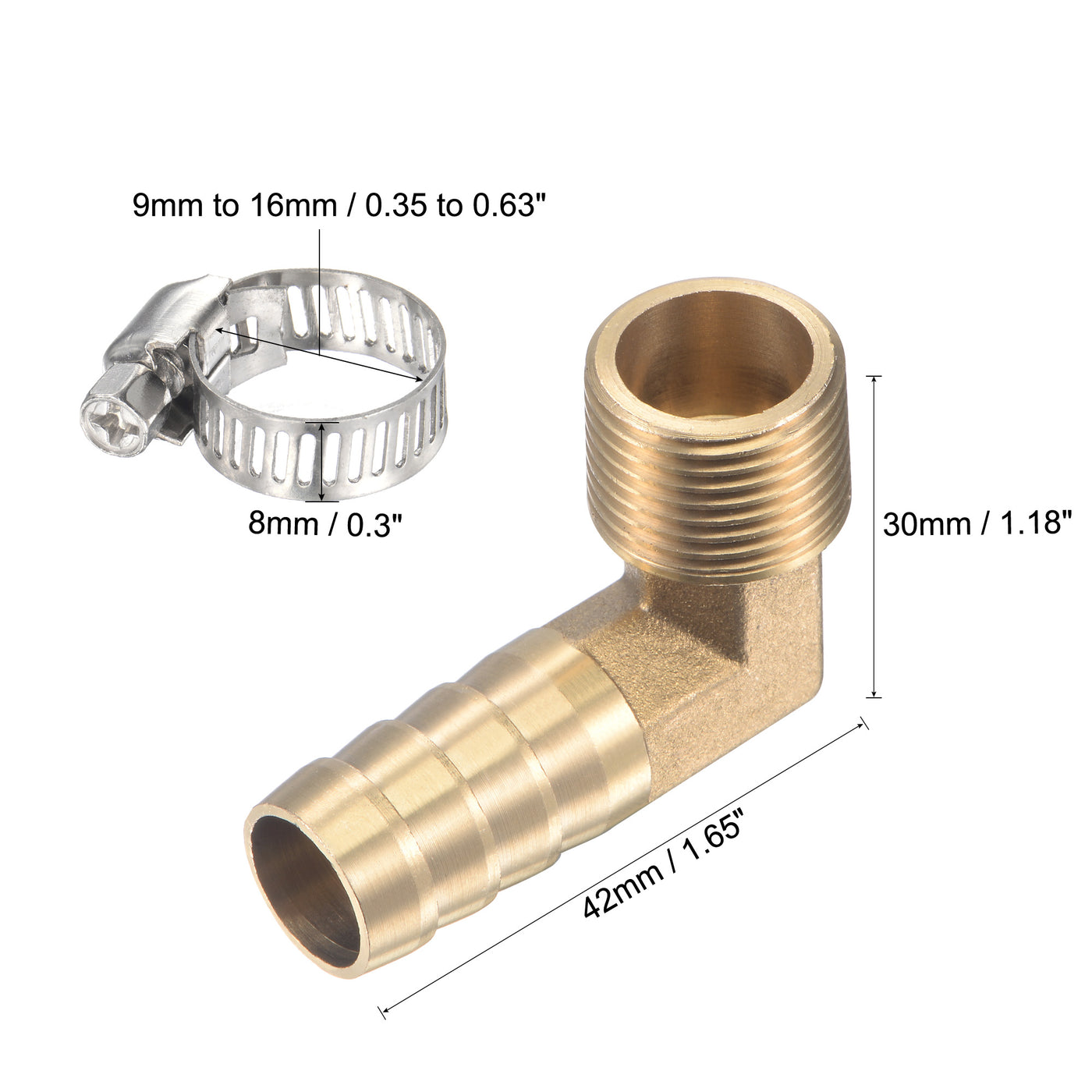 Uxcell Uxcell Brass Hose Barb Fitting Elbow 13mm x G1/4 Male Thread Right Angle Pipe Connector with Stainless Steel Hose Clamp, Pack of 2