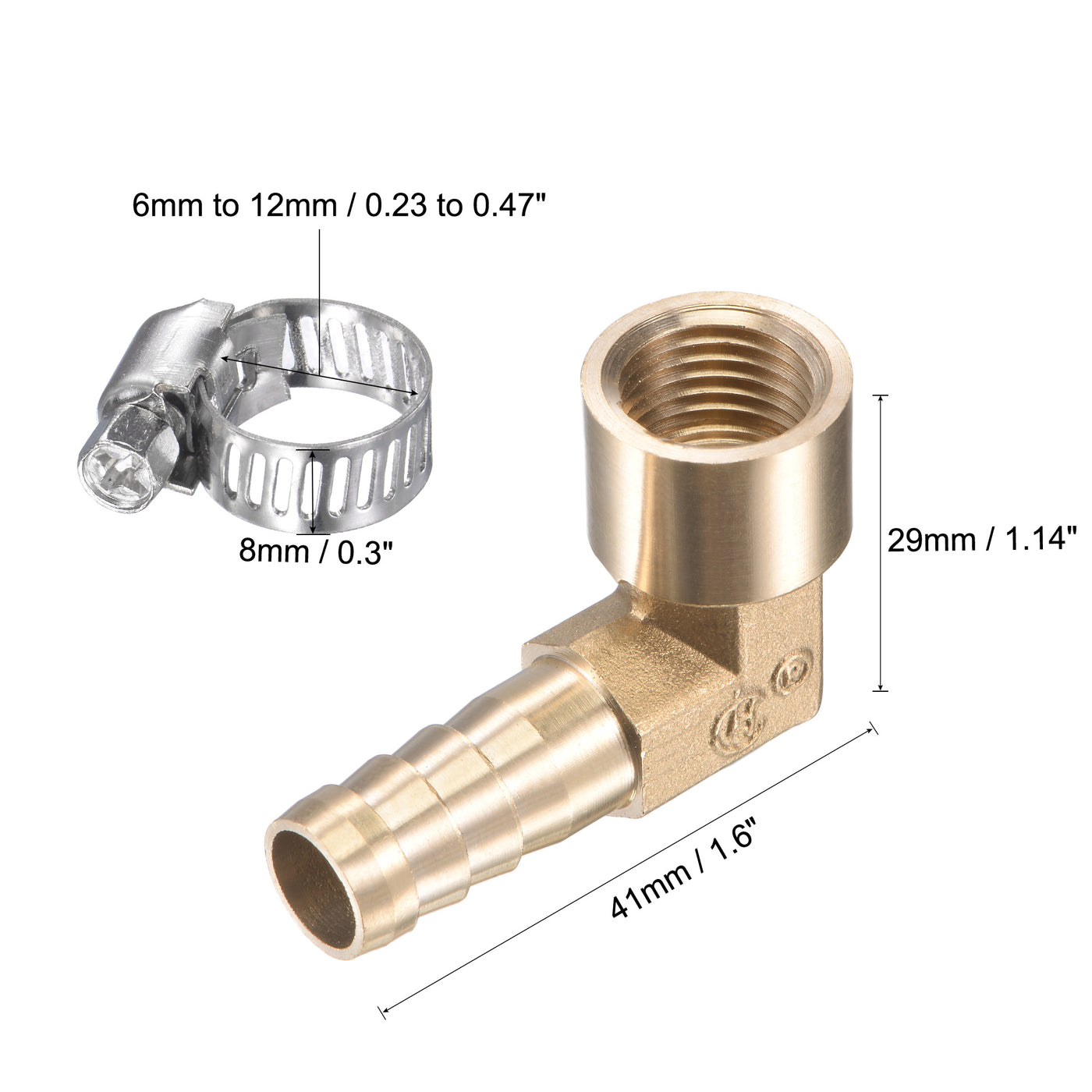 Uxcell Uxcell Brass Hose Barb Fitting Elbow 8mm x G1/4 Female Thread Right Angle Pipe Connector with Stainless Steel Hose Clamp