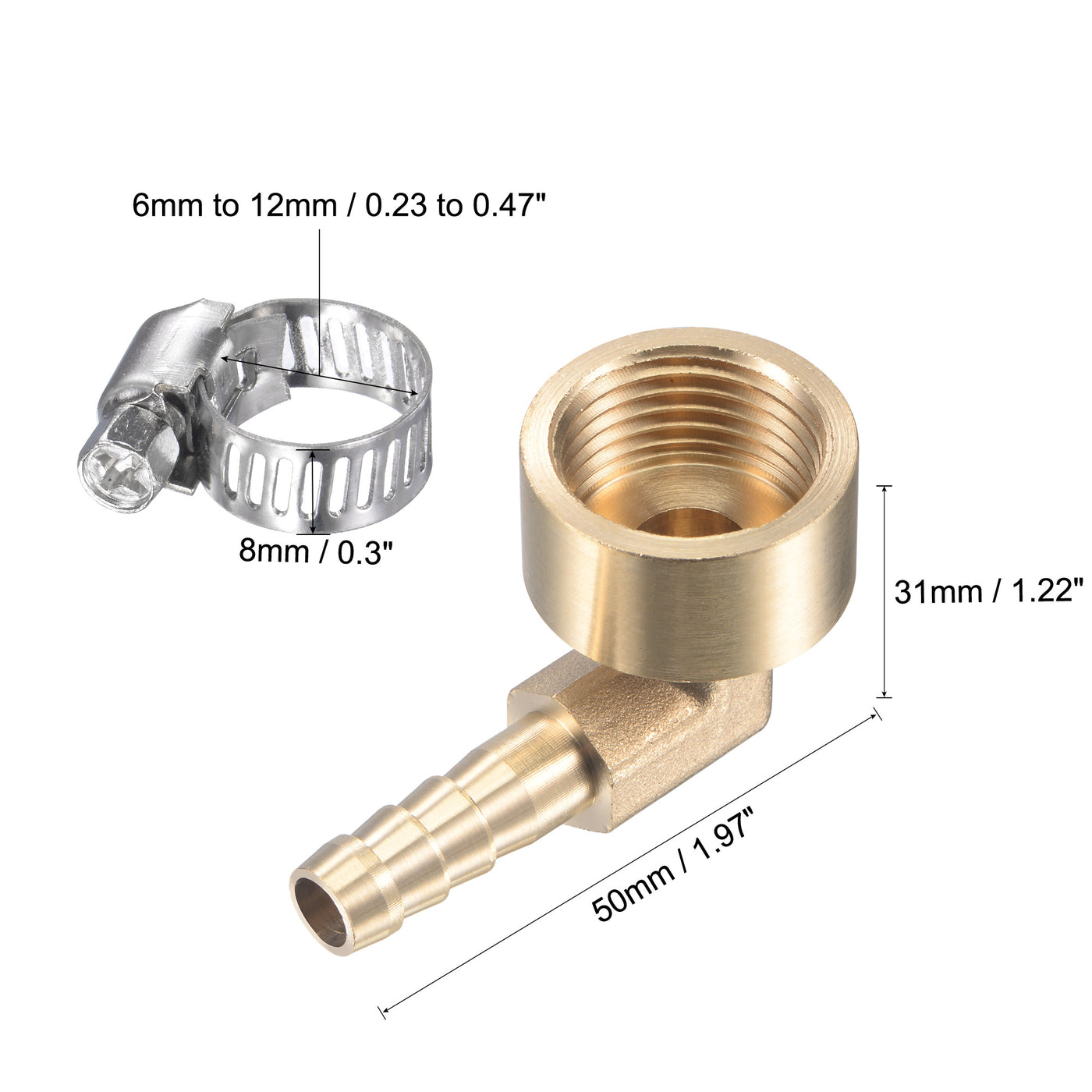 Uxcell Uxcell Brass Hose Barb Fitting Elbow 16mm x G1/2 Female Thread Pipe Connector with Stainless Steel Hose Clamp