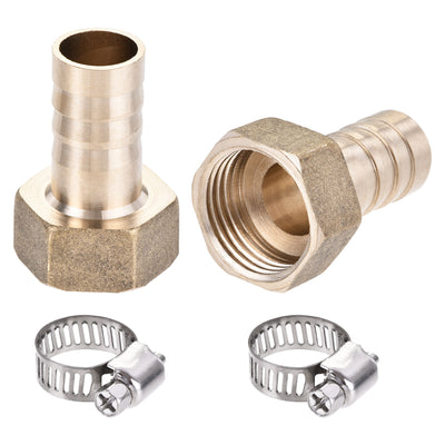 Harfington Uxcell Brass Barb Hose Fitting Connector Adapter 14mm Barbed x G1/2 Female Pipe with 9-16mm Hose Clamp 2Set