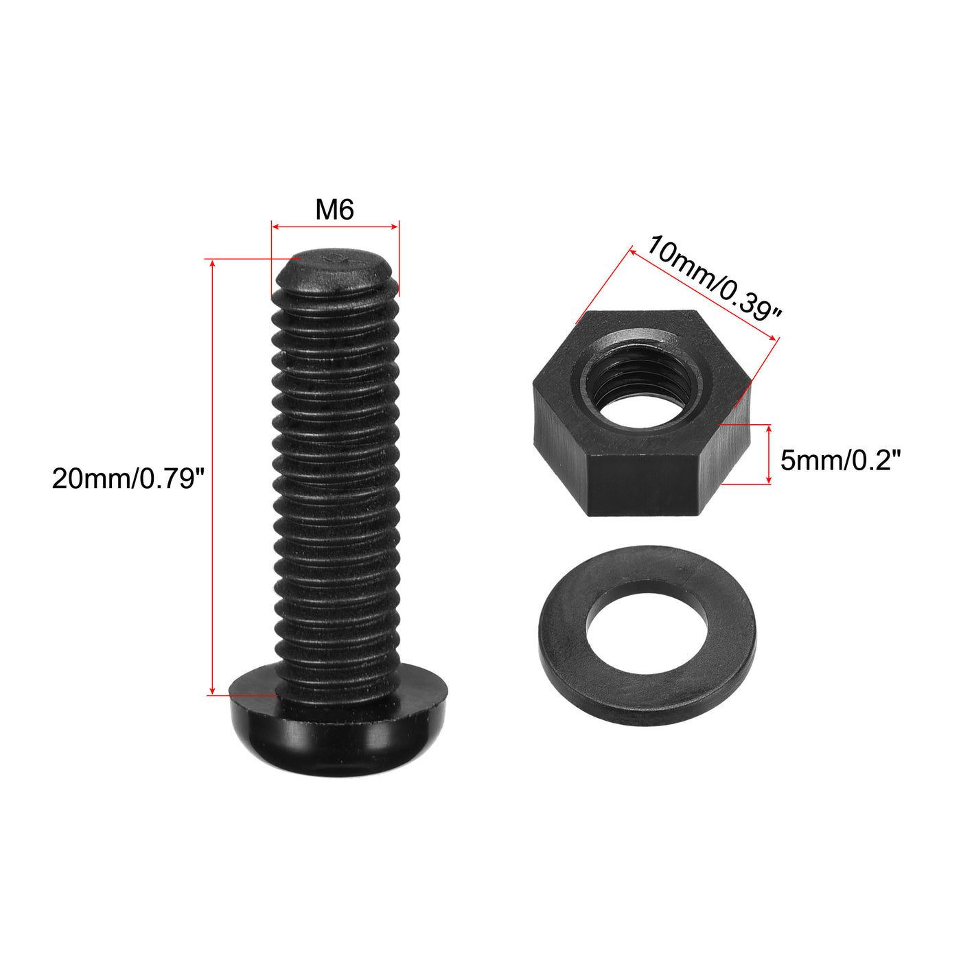 uxcell Uxcell M6x20mm Nylon Screw Nut Washer Assortment Kit Black 20 Set