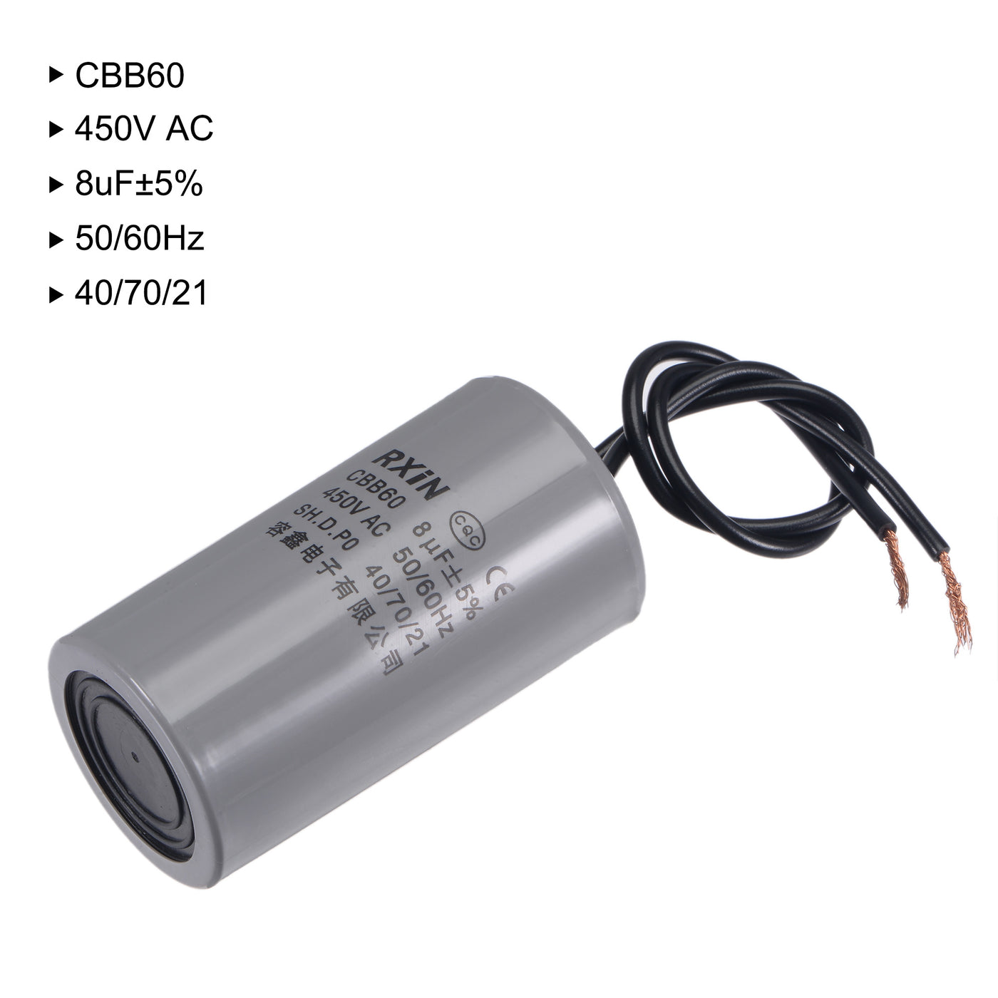 uxcell Uxcell CBB60 Run Capacitor 8uF 450V AC 2 Wires 50/60Hz Cylinder 66x35mm for Air Compressor Water Pump Motor