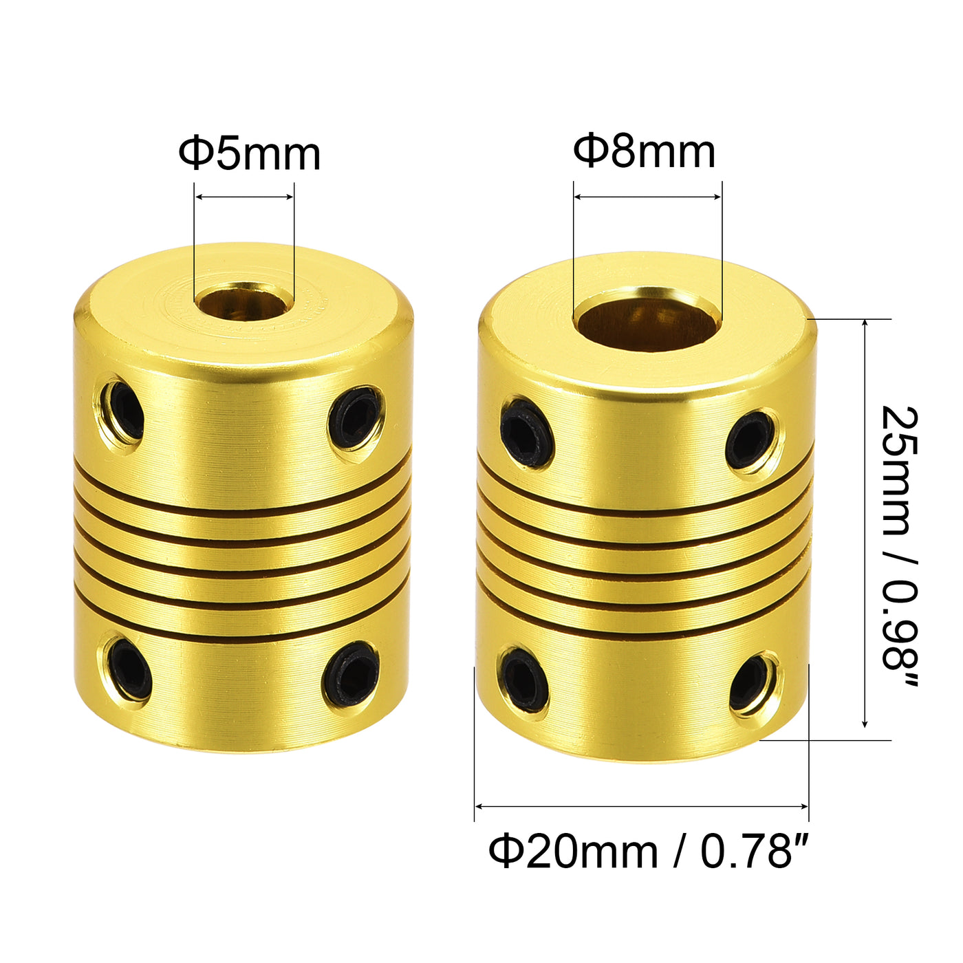 uxcell Uxcell 5 Pcs 8mm to 5mm Aluminum Alloy Shaft Coupling Flexible L25xD20 Golden Tone