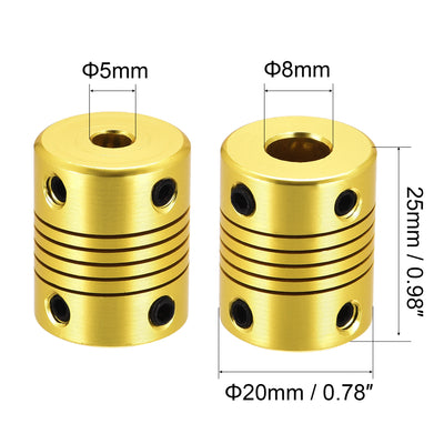 Harfington Uxcell 5 Pcs 8mm to 5mm Aluminum Alloy Shaft Coupling Flexible L25xD20 Golden Tone