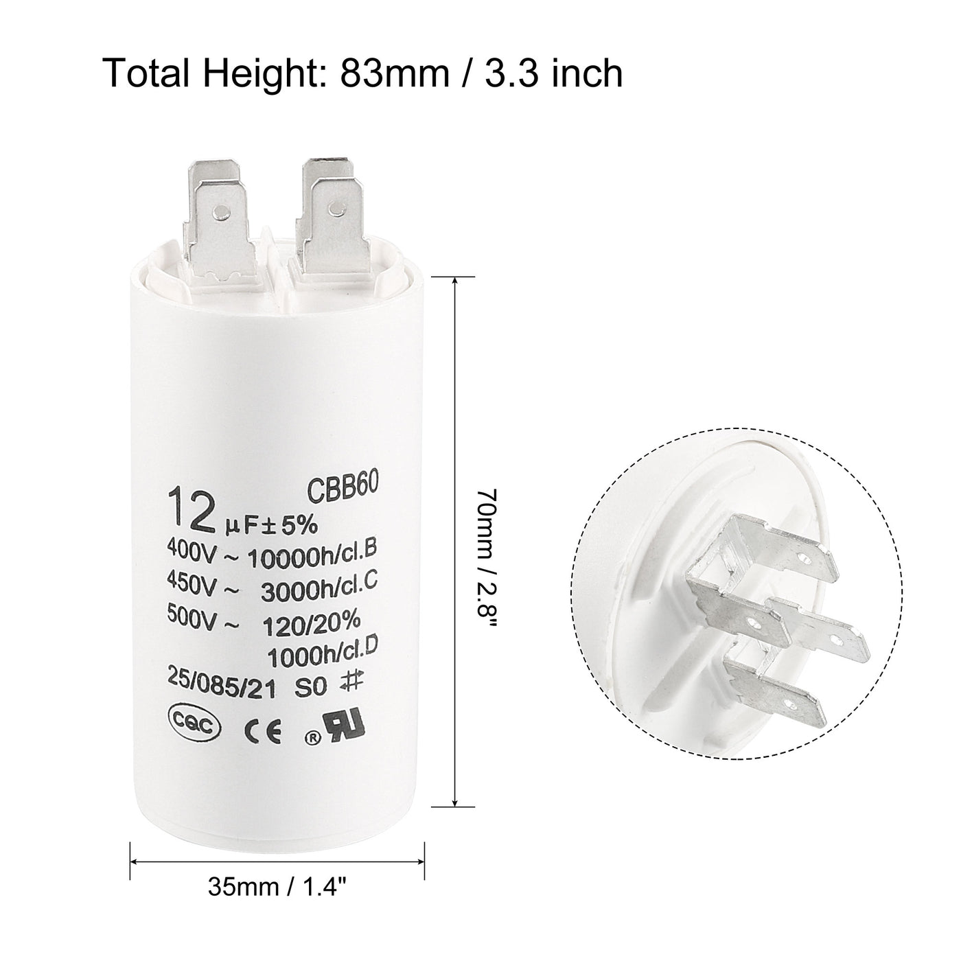 uxcell Uxcell CBB60 Run Capacitor 12uF 450V AC Double Insert 50/60Hz Cylinder 70x35mm White for Air Compressor Water Pump Motor