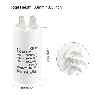 Harfington Uxcell CBB60 Run Capacitor 12uF 450V AC Double Insert 50/60Hz Cylinder 70x35mm White for Air Compressor Water Pump Motor