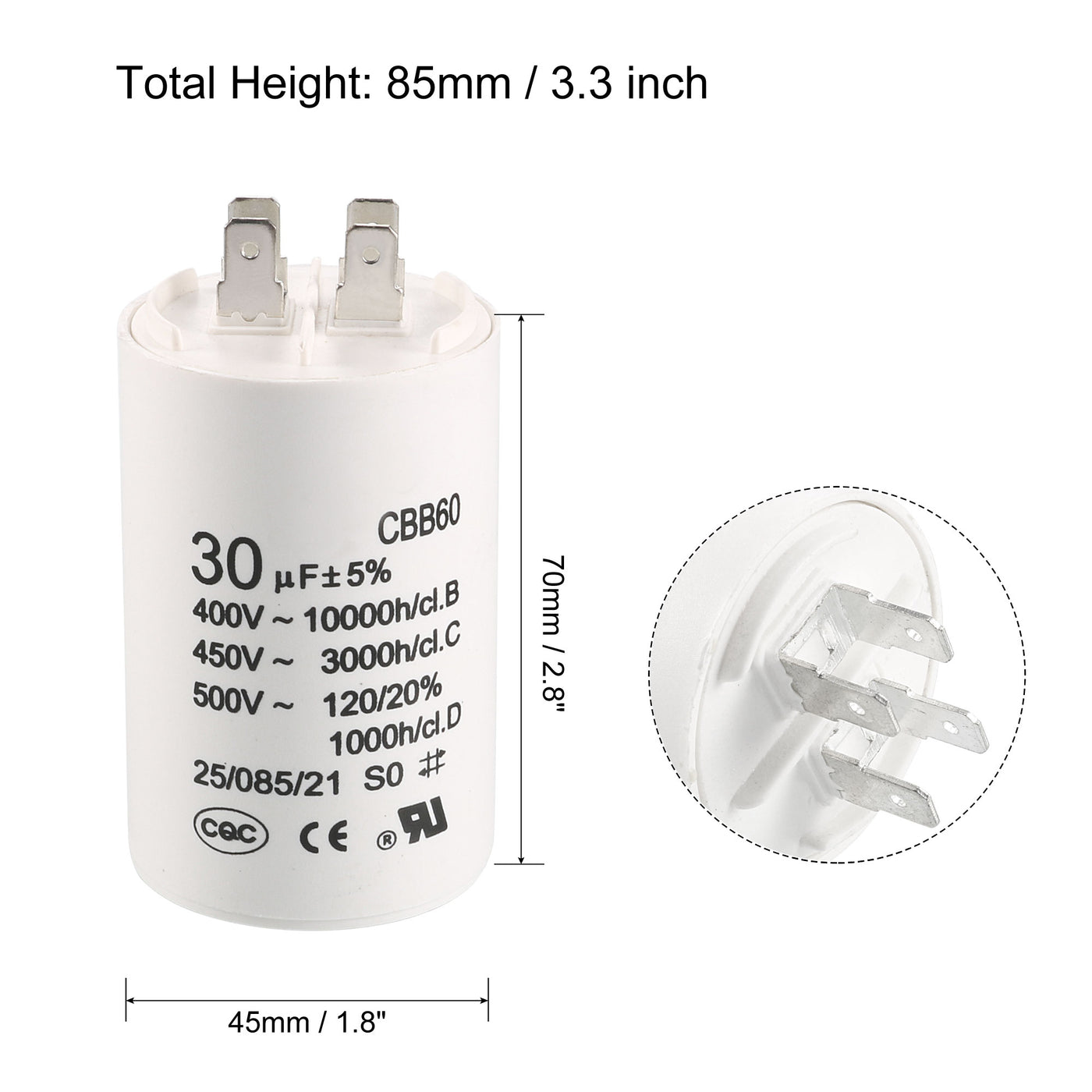 uxcell Uxcell CBB60 Run Capacitor 30uF 450V AC Double Insert 50/60Hz Cylinder 70x45mm White for Air Compressor Water Pump Motor