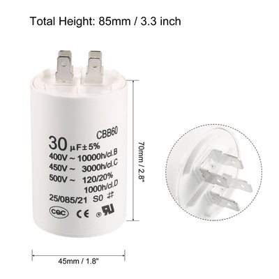 Harfington Uxcell CBB60 Run Capacitor 30uF 450V AC Double Insert 50/60Hz Cylinder 70x45mm White for Air Compressor Water Pump Motor