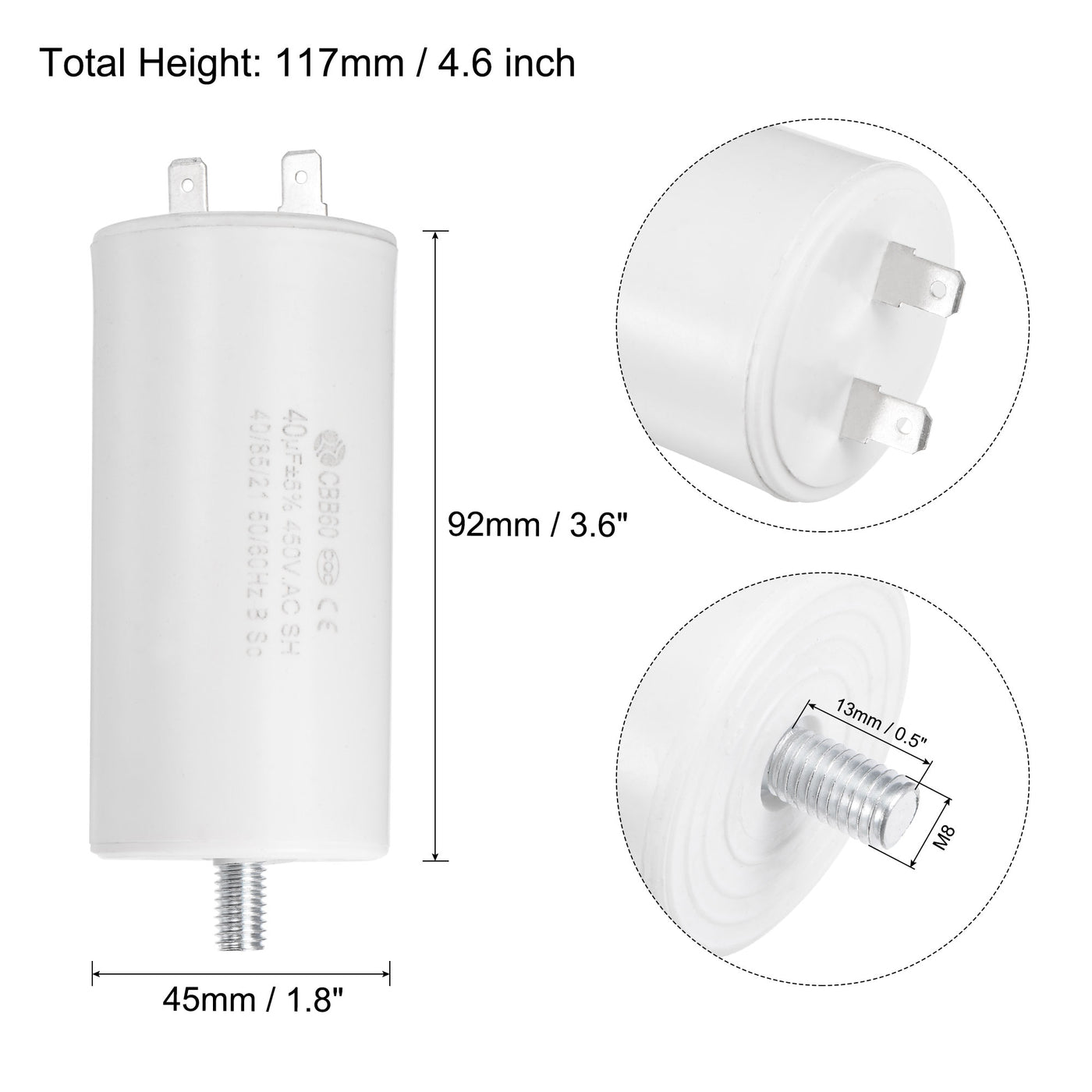 uxcell Uxcell CBB60 Run Capacitor 40uF 450V AC Single Insert 50/60Hz Cylinder 92x45mm White with Fixing Stud for Air Compressor Water Pump Motor