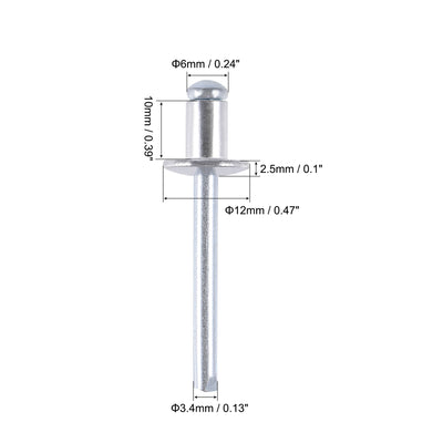 Harfington Uxcell Blind Rivets Aluminum 6mm Diameter 10mm Grip Length Silver Tone 50pcs