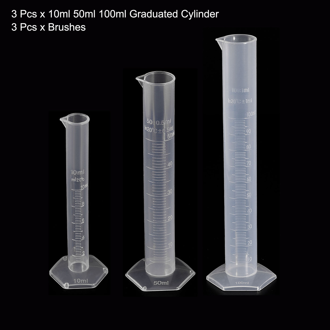 uxcell Uxcell Plastic Graduated Cylinder, 10ml 50ml 100ml Measuring Cylinder with 3 Sizes Brushes, 6in1 Set for Science Lab