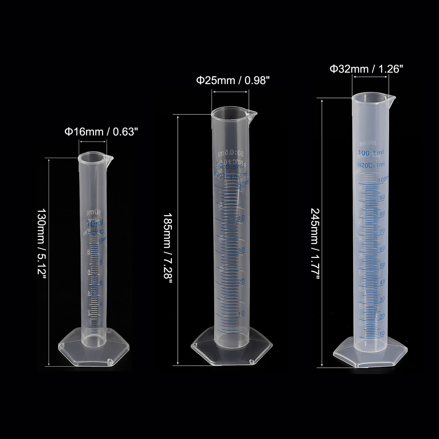 uxcell Uxcell Plastic Graduated Cylinder, 10ml 50ml 100ml Measuring Cylinder with 3 Sizes Brushes, 6in1 Set for Science Lab