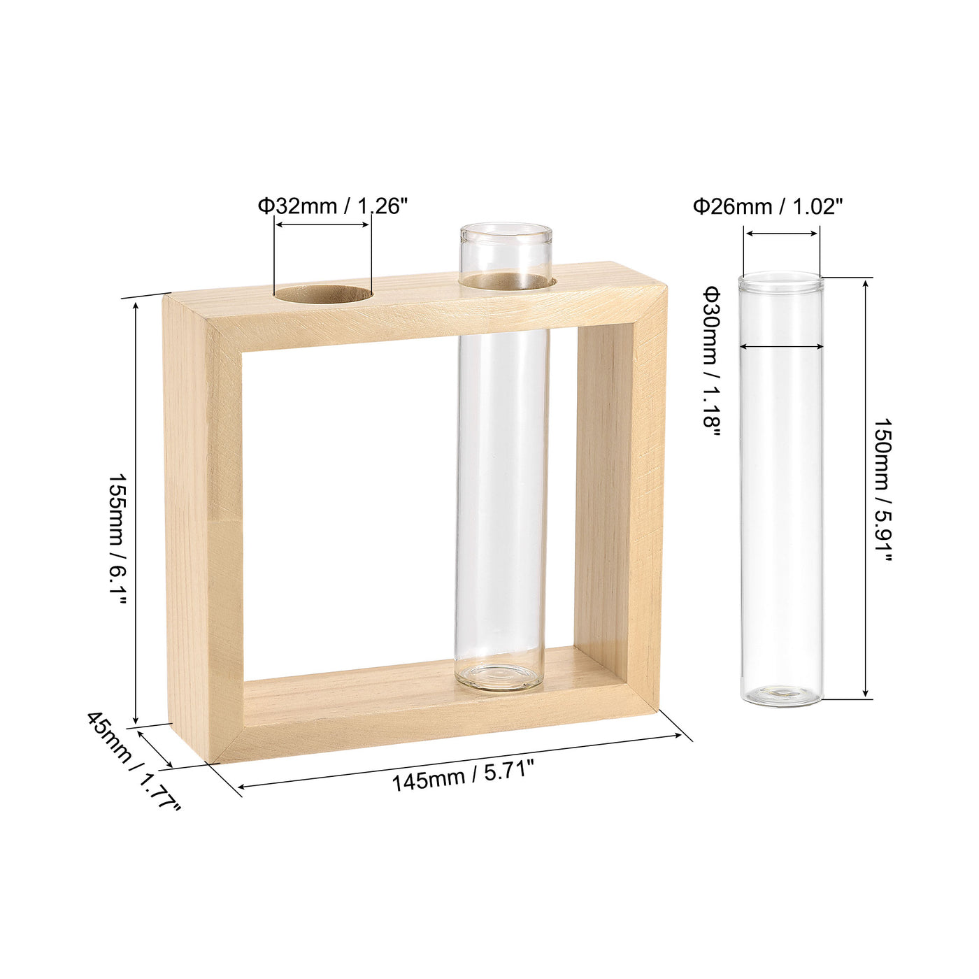 uxcell Uxcell 2Pcs Glass Test Tubes with 2-Wells Wooden Tube Rack, Flat Base, 30x150mm, Storage Container for Scientific Experiments