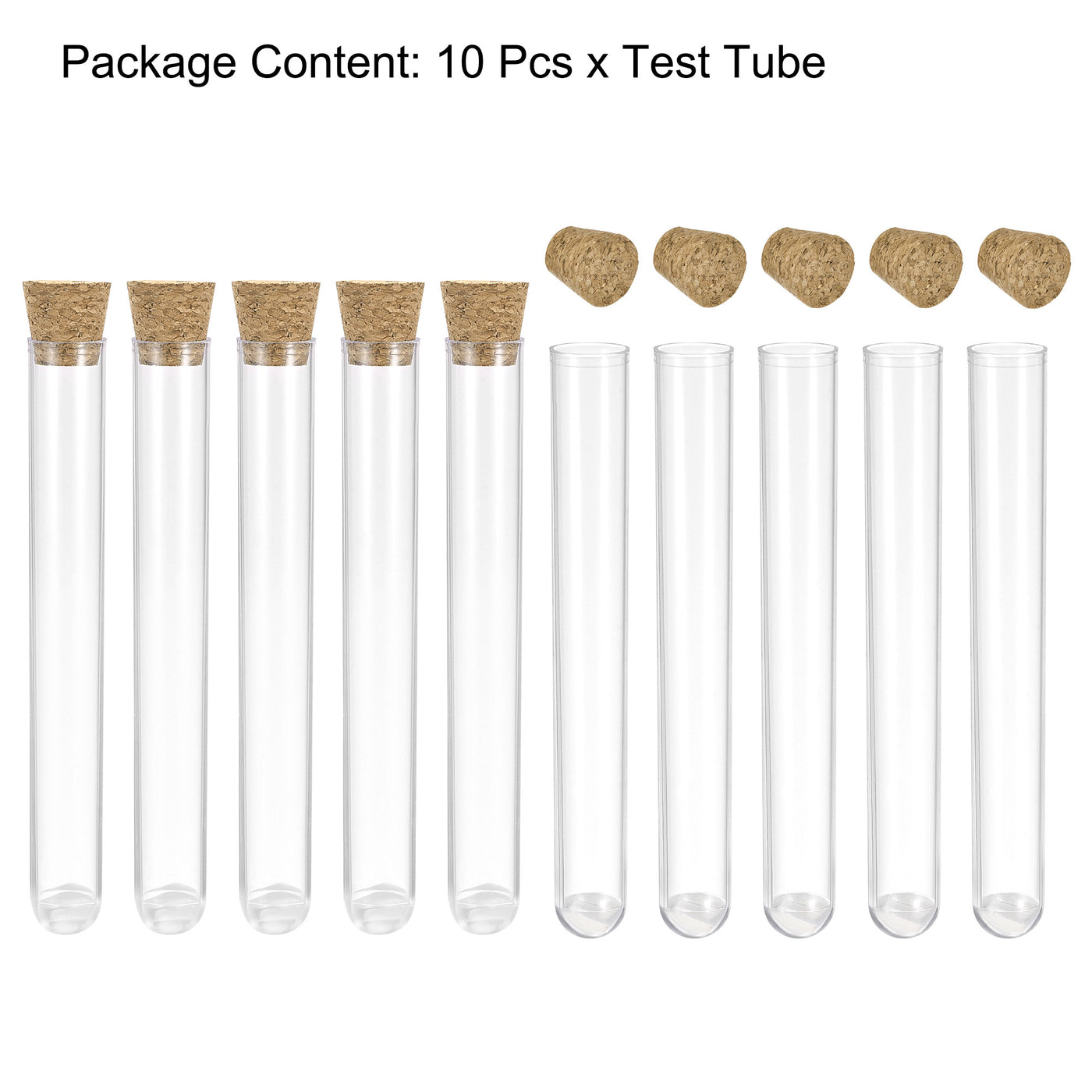 uxcell Uxcell 10Pcs PS Plastic Test Tubes with Cork Stoppers, Round Base, 16x125mm