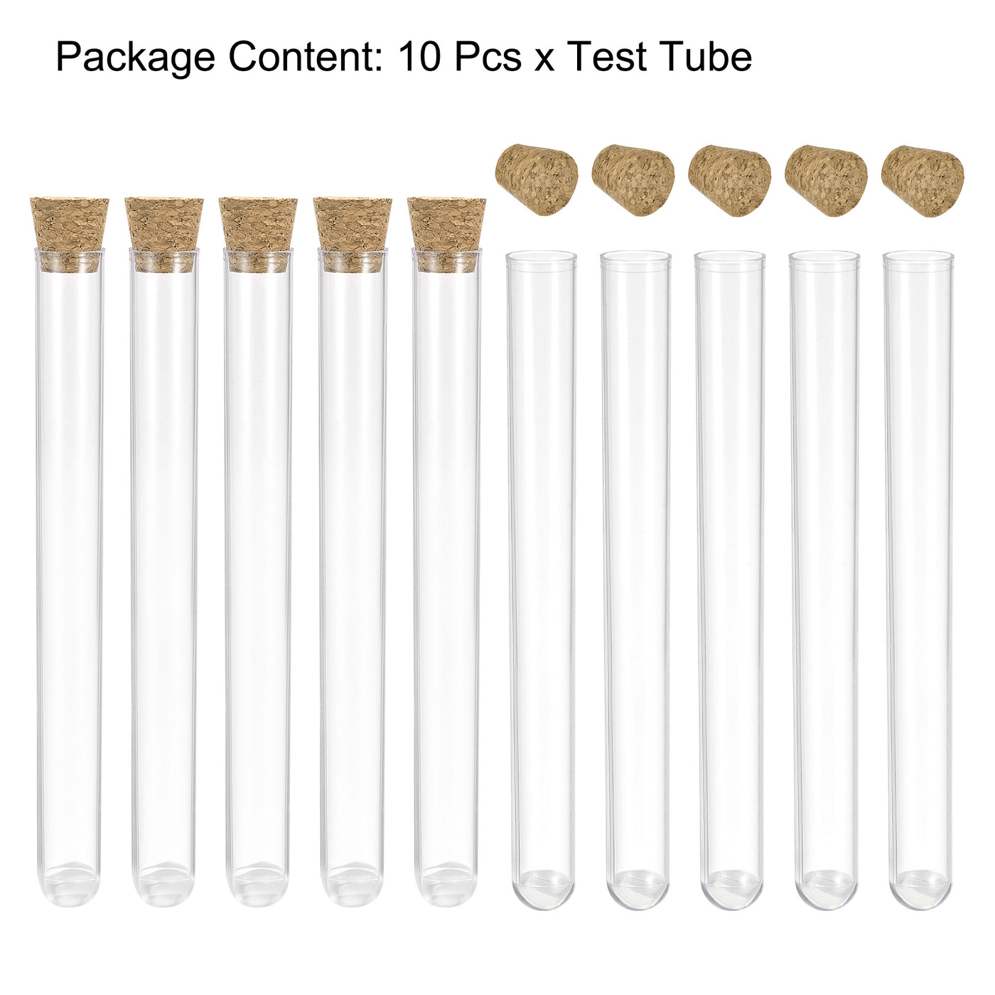 uxcell Uxcell 10Pcs PS Plastic Test Tubes with Cork Stoppers, Round Base, 16x150mm