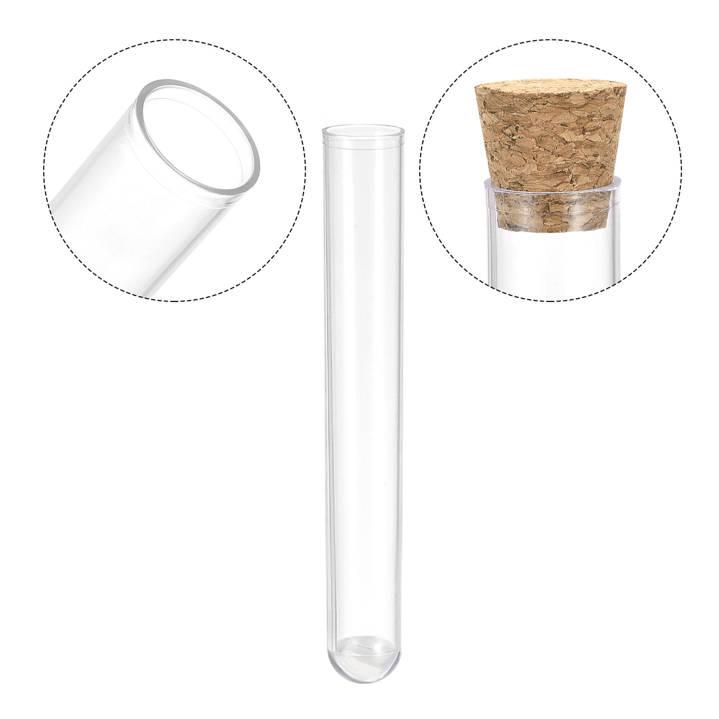 uxcell Uxcell 10Pcs PS Plastic Test Tubes with Cork Stoppers, Round Base, 20x153mm