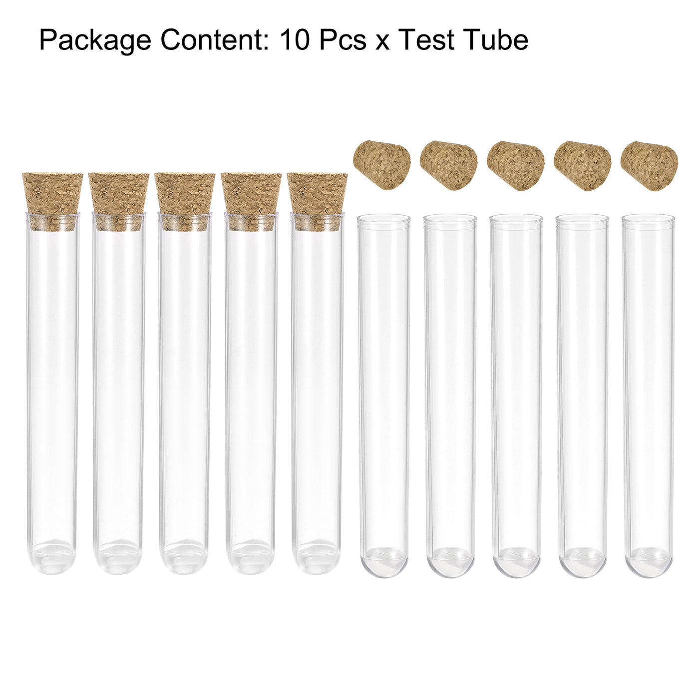 uxcell Uxcell 10Pcs PS Plastic Test Tubes with Cork Stoppers, Round Base, 20x153mm