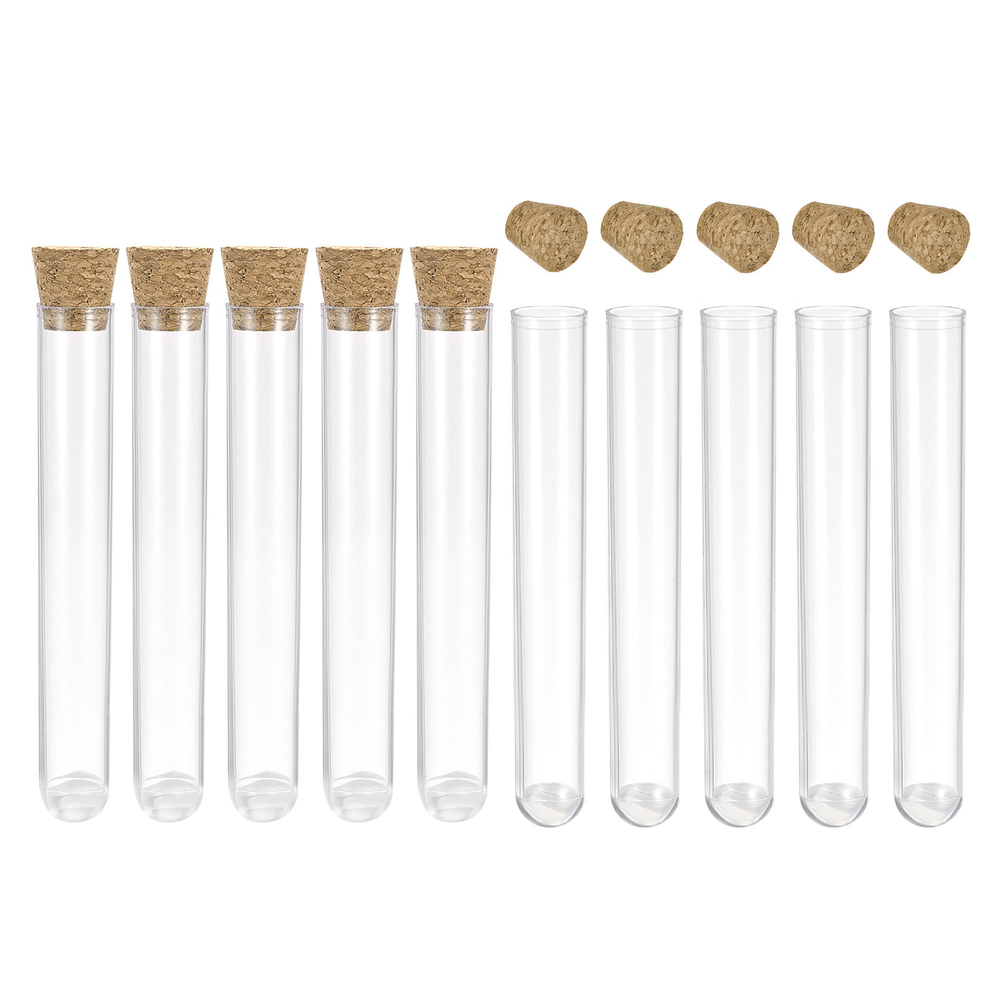 uxcell Uxcell 10Pcs PS Plastic Test Tubes with Cork Stoppers, Round Base, 20x153mm