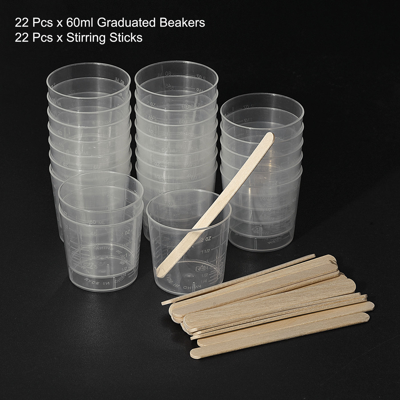 uxcell Uxcell 22 Pack Measuring Cup 60ml/2oz PP Plastic Graduated Beaker Clear with 22 Pack Wooden Stirring Sticks for Lab Kitchen Liquids